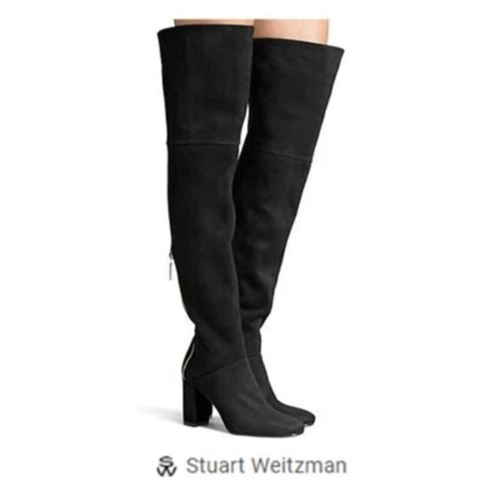 Stuart Weitzman Over-The-Knee OTK Boots Black Suede Block Heel Size 7 Old Money